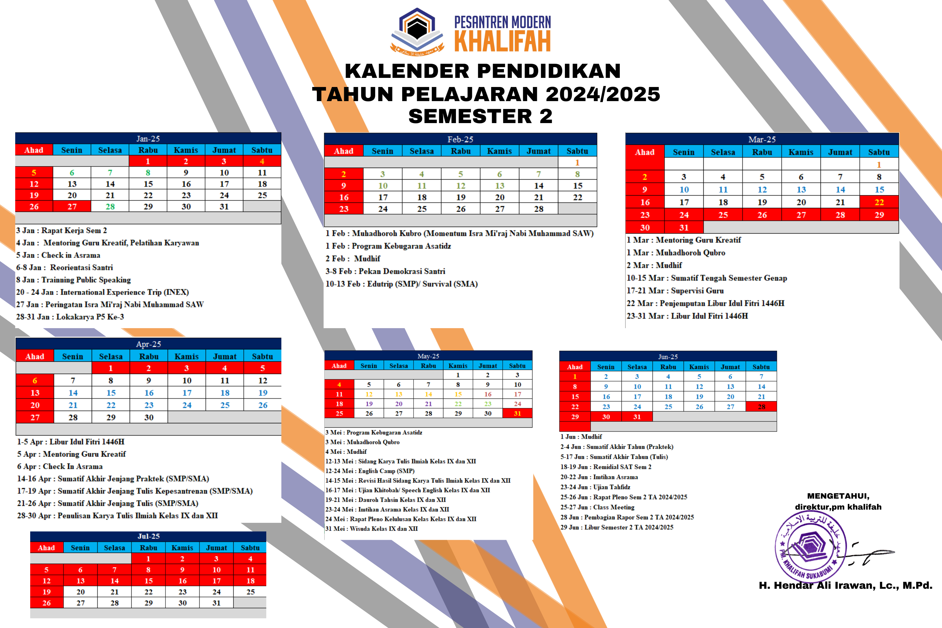 KALENDER PINDIDIKAN TAHUN PELAJARAN 2024 / 2025 SEMESTER 2 PESANTREN MODERN KHALIFAH